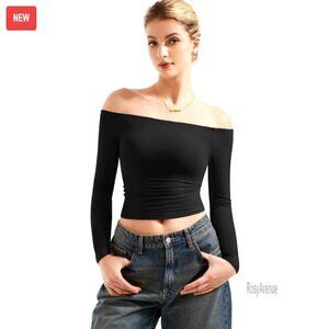 Off Shoulder Long Sleeve T-Shirt, Double Lined, Slim Fit, 4-Way Stretch